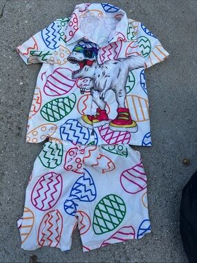 Boys White Multicolor Dino Easter Pajama Set with Playful Egg Print